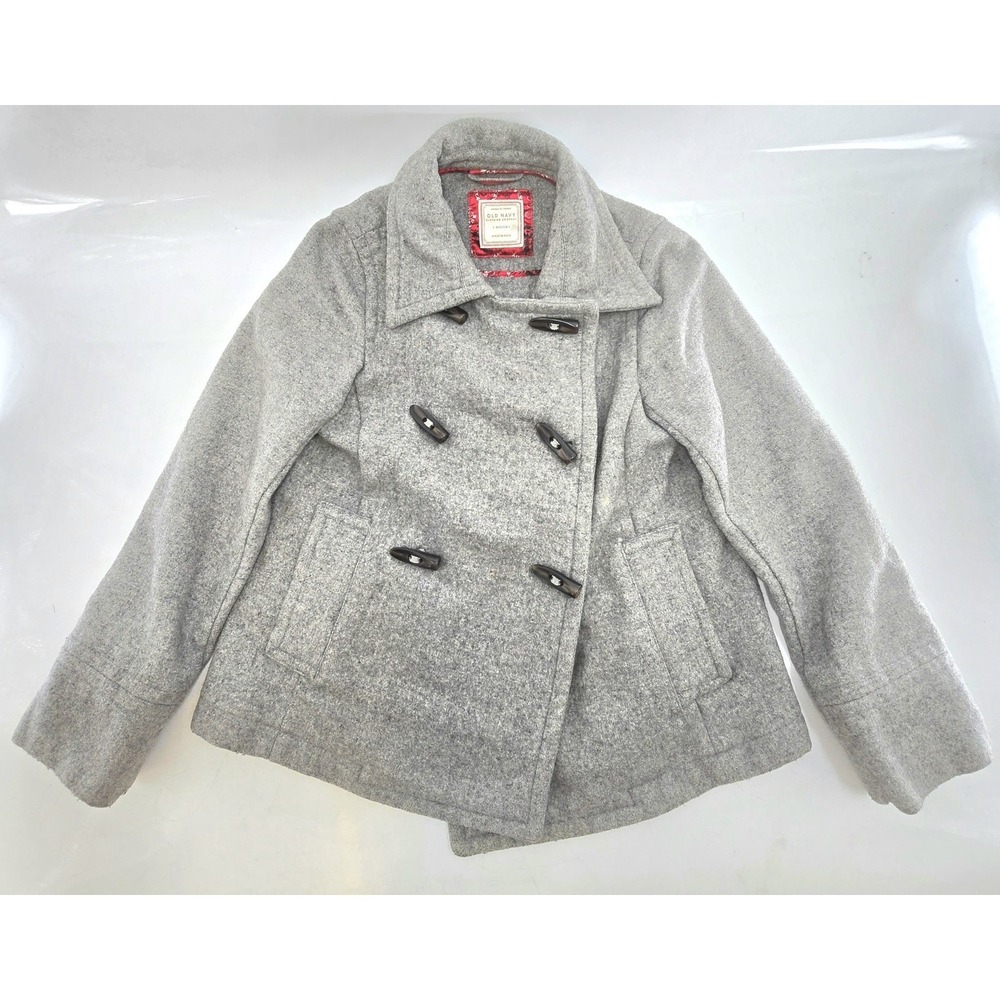Old Navy Gray Wool Duffle Coat W/ Black Toggle Closures Floral Interior Sz M